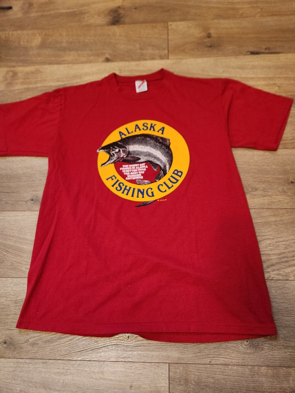 Vintage 1980s Alaska Fishing Club Salmon Red Graphic Tee Large Single Stitch